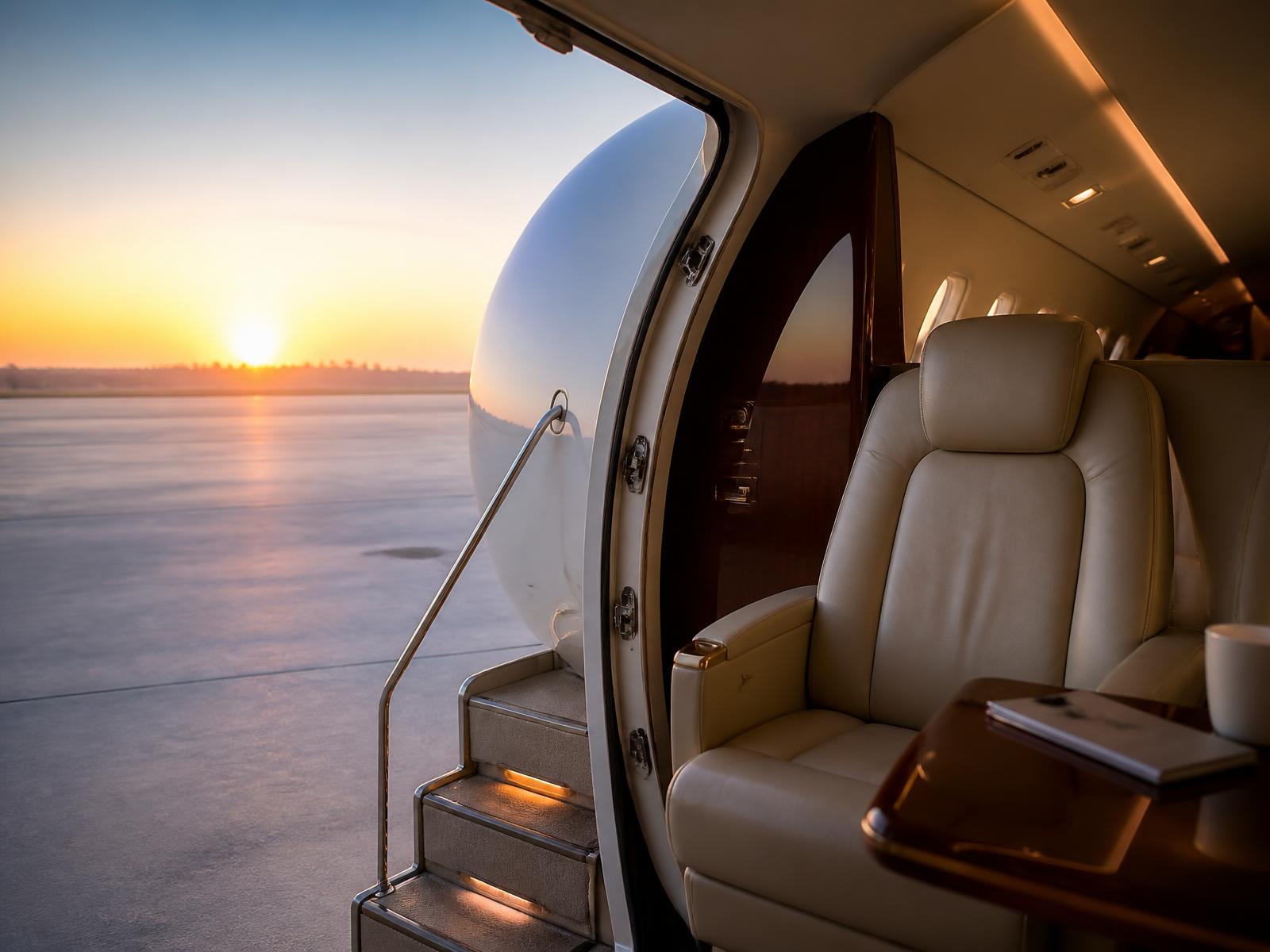 Open cabin door of an unbranded private aircraft on a quiet tarmac at sunrise