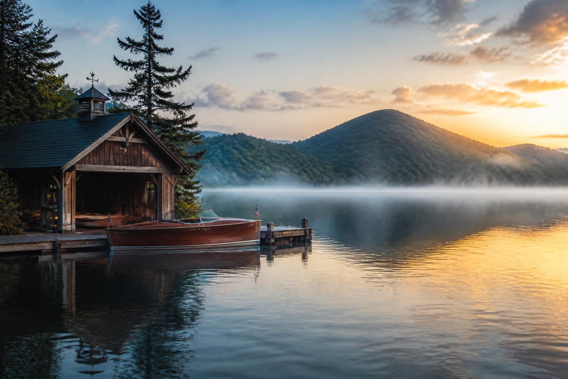 Adirondack boathouse and classic wooden boat on a still lake at dawn