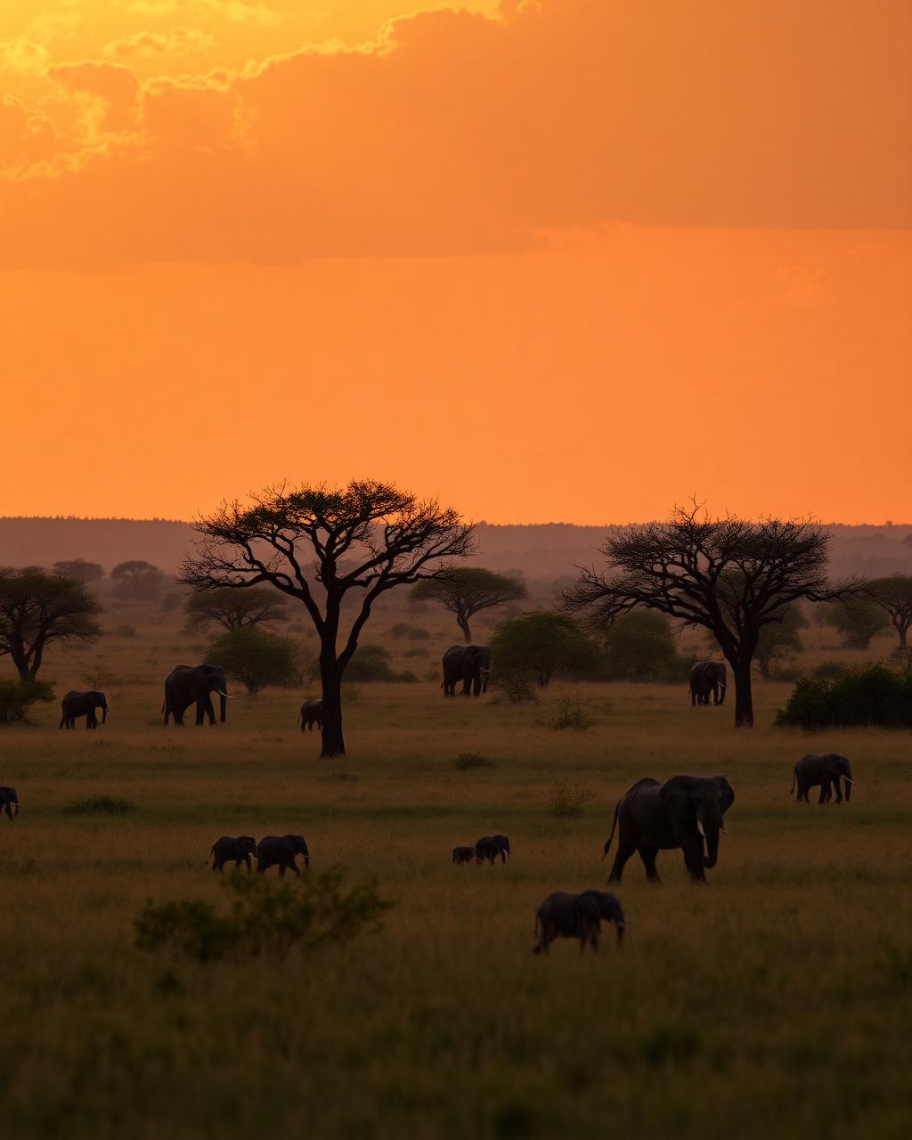 Savanna at golden hour with acacia trees and distant elephants