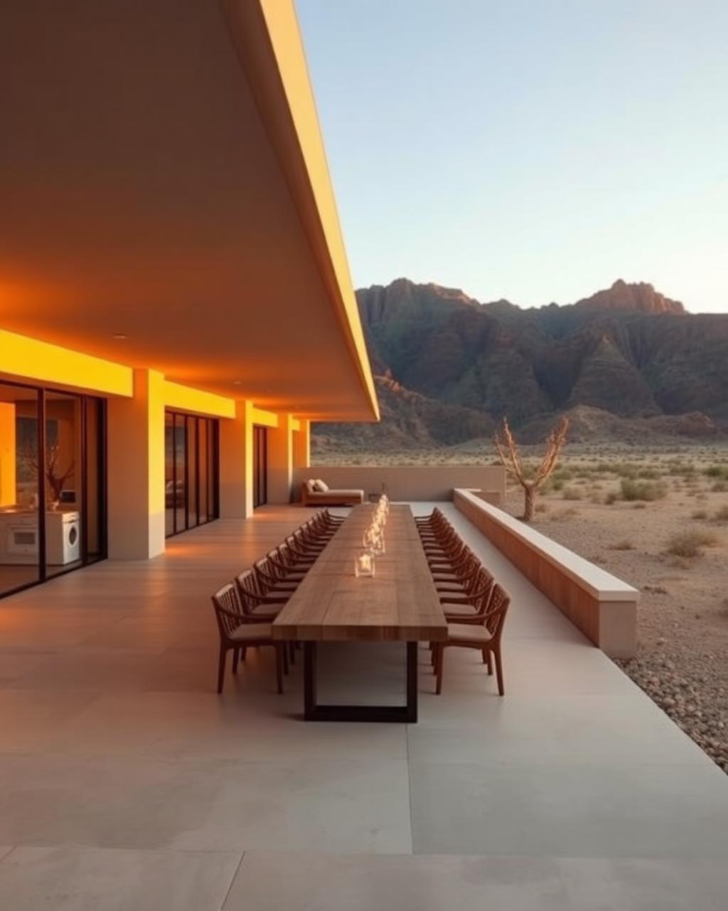 Long communal table on a modern desert retreat terrace at sunset