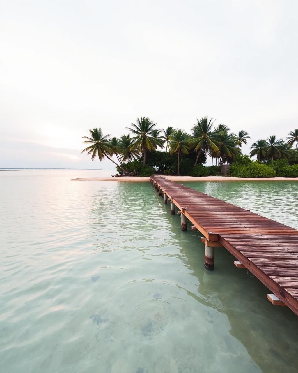 Wooden dock reaching over calm shallow water at sunrise