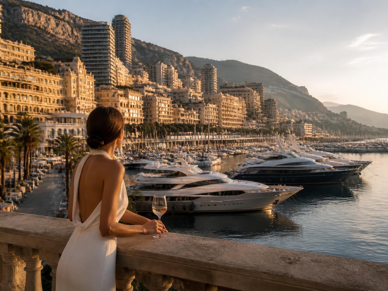 Monaco harbour at golden hour with superyachts and cliffside architecture