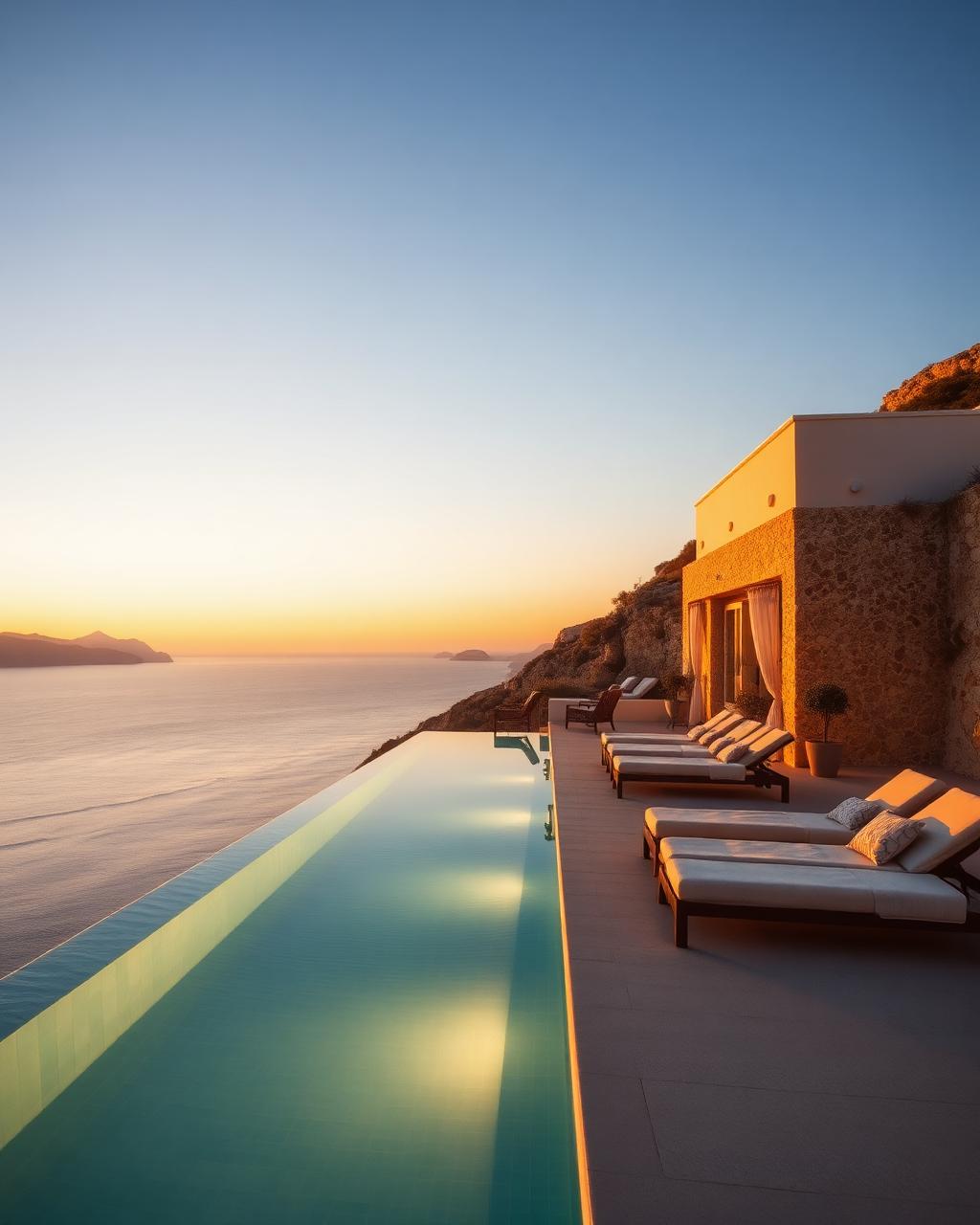 Infinity pool of a cliffside villa overlooking the sea at golden hour