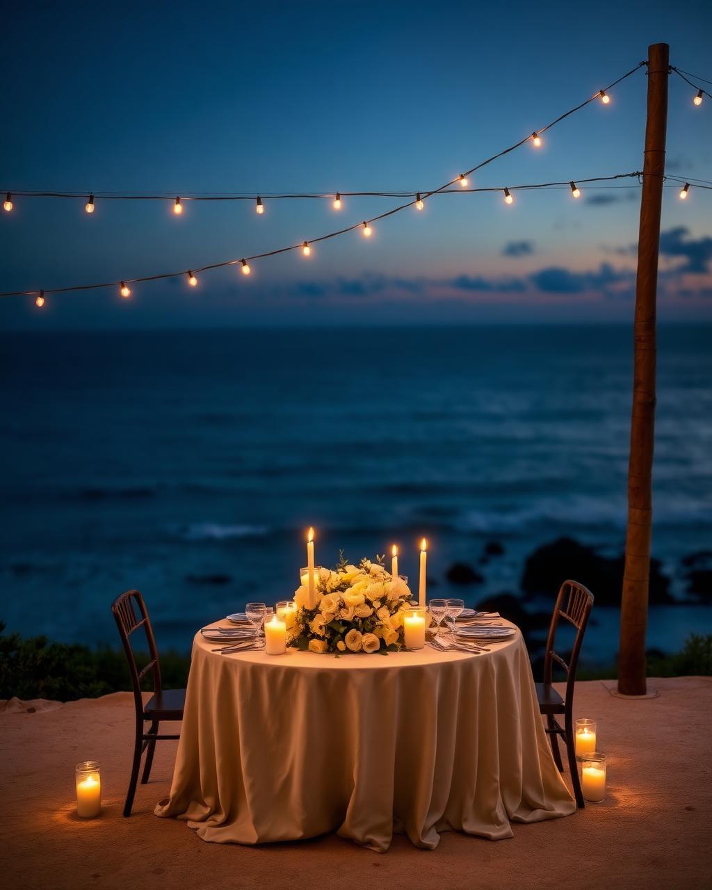 Candlelit celebration table set above the ocean at twilight