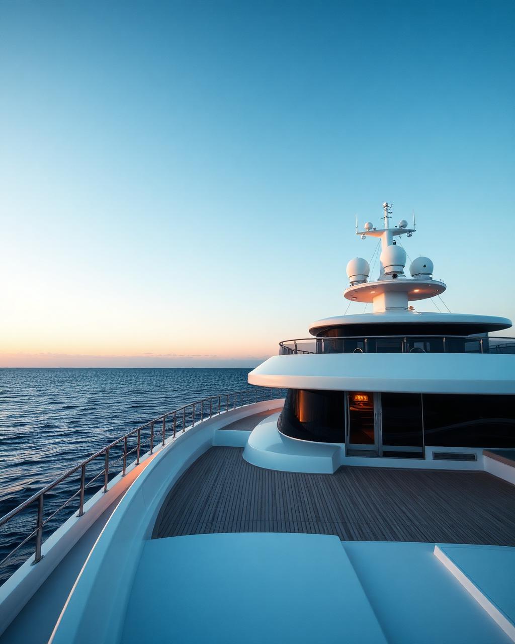 Deck of a private yacht on open water at dusk