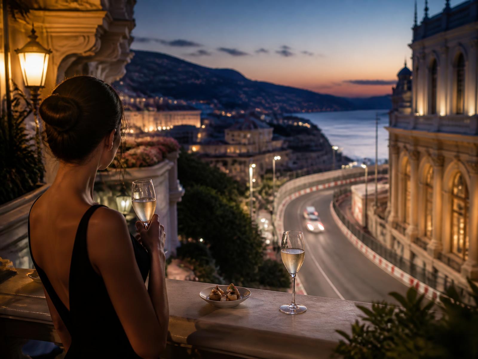 Terrace above the Monaco street circuit at dusk overlooking the Mediterranean