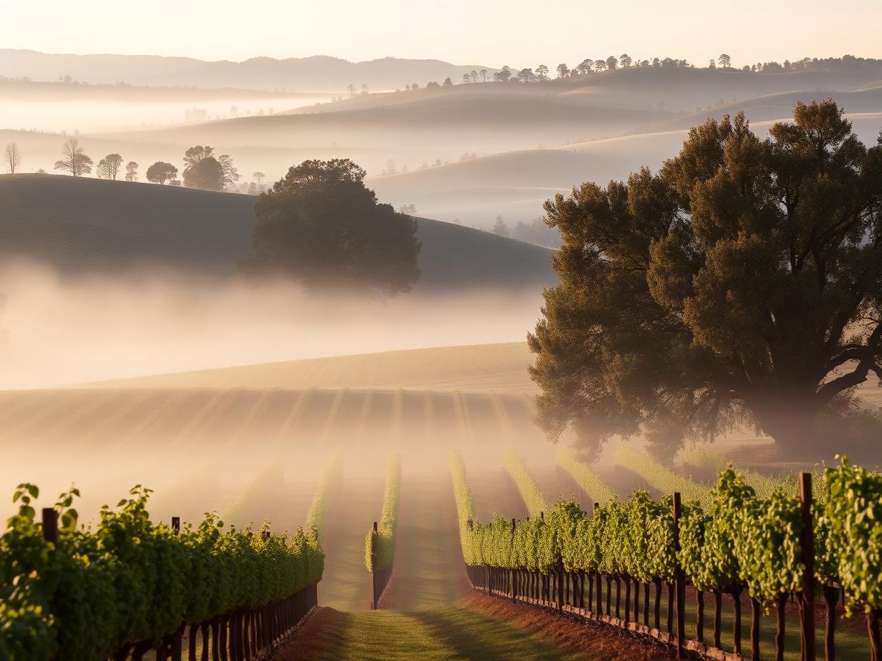 Northern California vineyard rows in morning fog