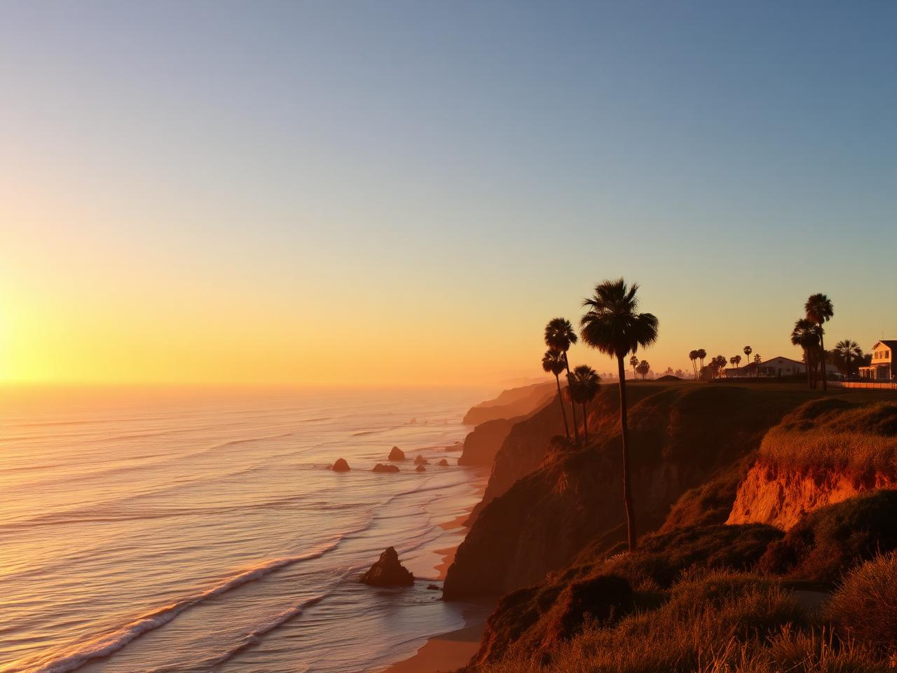 Southern California coastline with palms and cliffs at sunset